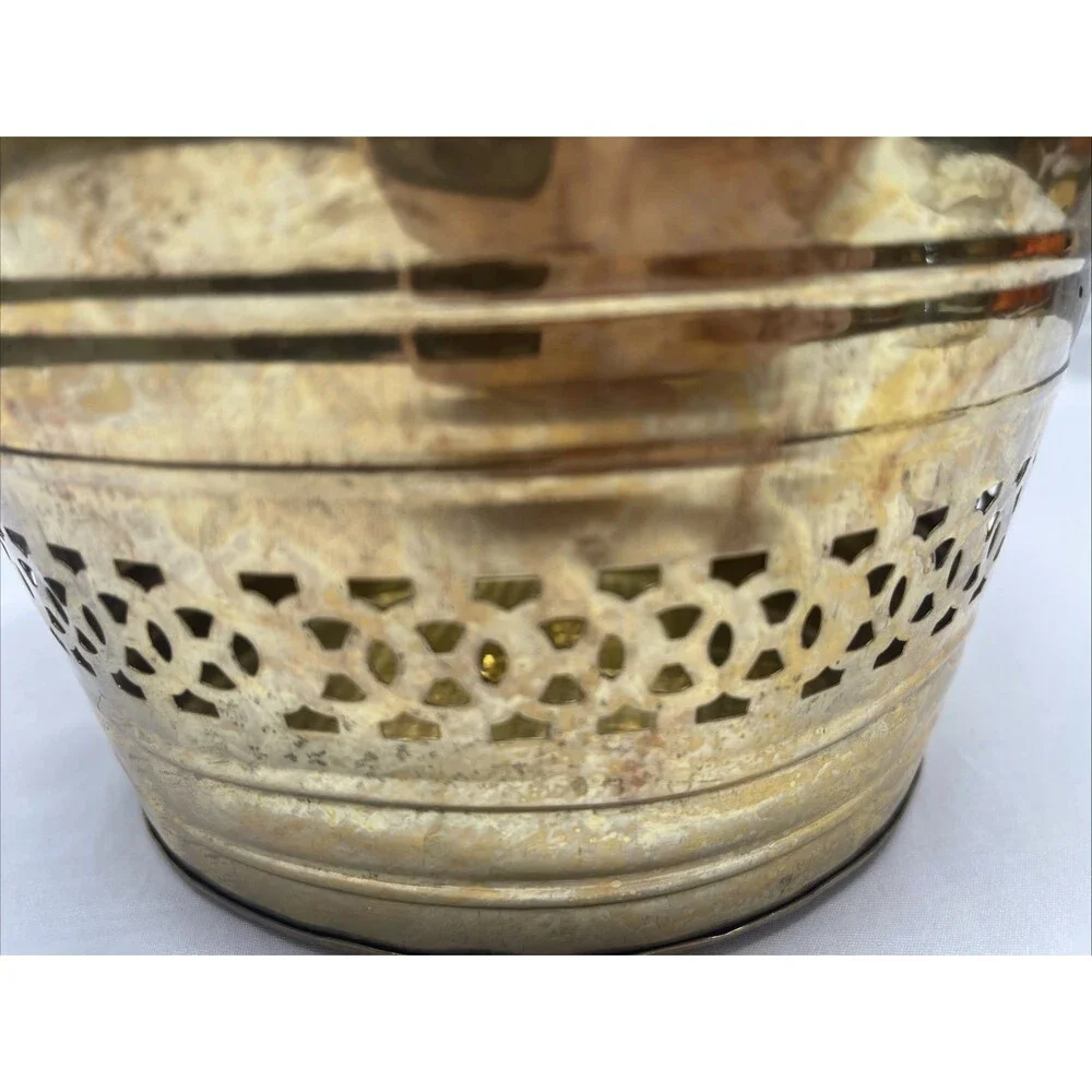 Vintage Solid Brass Pierced Basket Handle Decorative Ornate Planter Round India